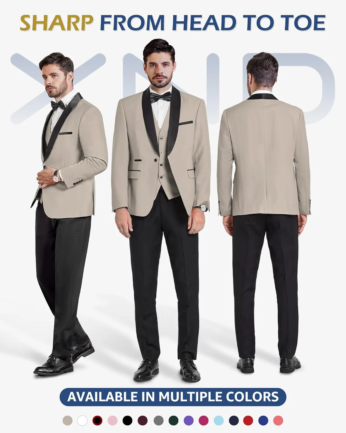 YND Men's 3 Piece Slim Fit Tuxedo Set, One Button Shawl Collar Solid Jacket Vest Pants with Bow Tie