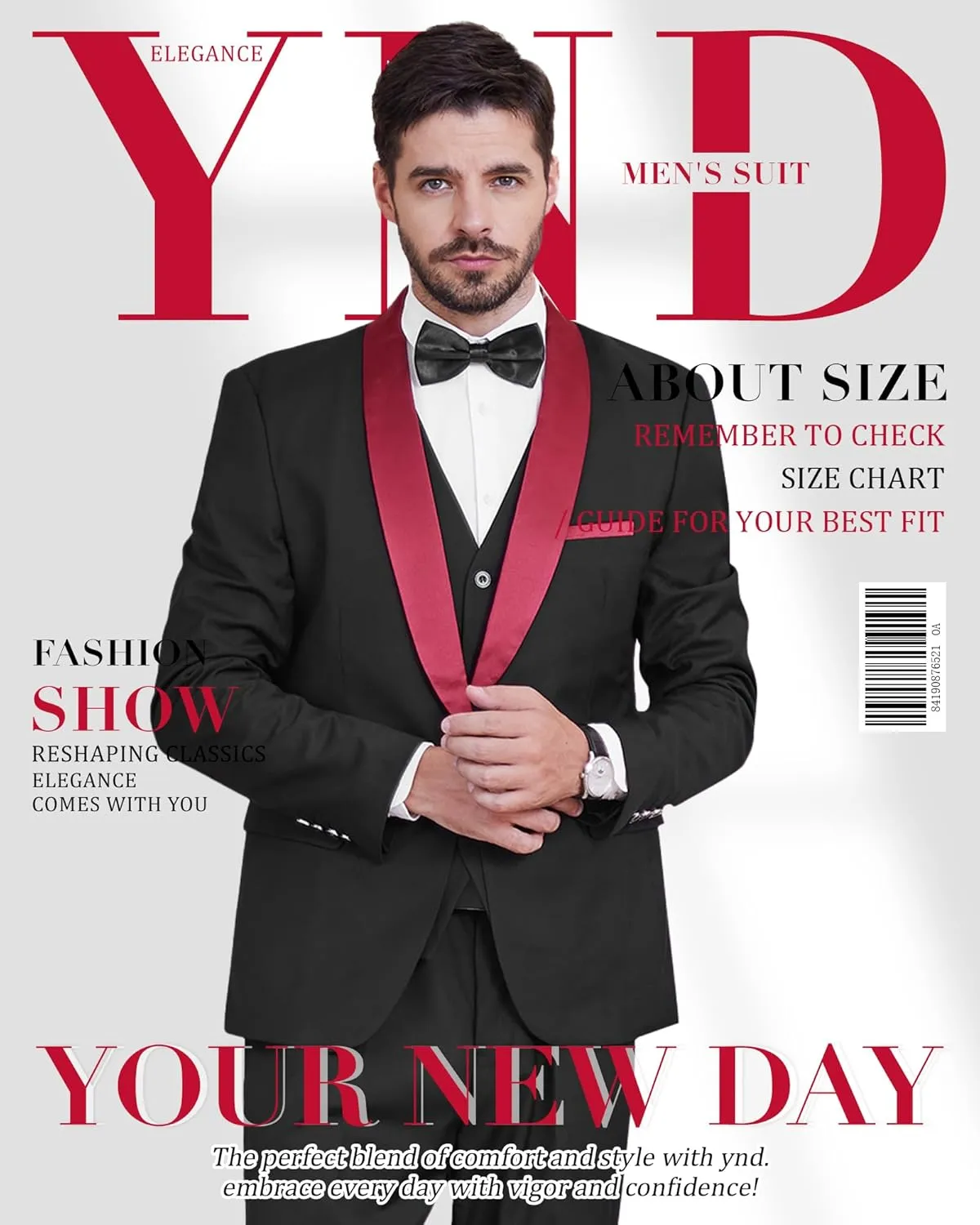 YND Men's 3 Piece Slim Fit Tuxedo Set, One Button Shawl Collar Solid Jacket Vest Pants with Bow Tie