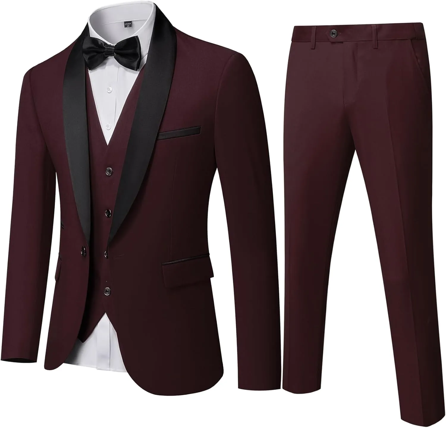 YND Men's 3 Piece Slim Fit Tuxedo Set, One Button Shawl Collar Solid Jacket Vest Pants with Bow Tie