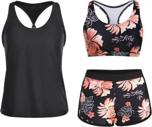 Yonique 3 Piece Athletic Tankini Swimsuits for Women with Shorts Swim Tank Tops with Sports Bra and Boyshorts Bathing Suits